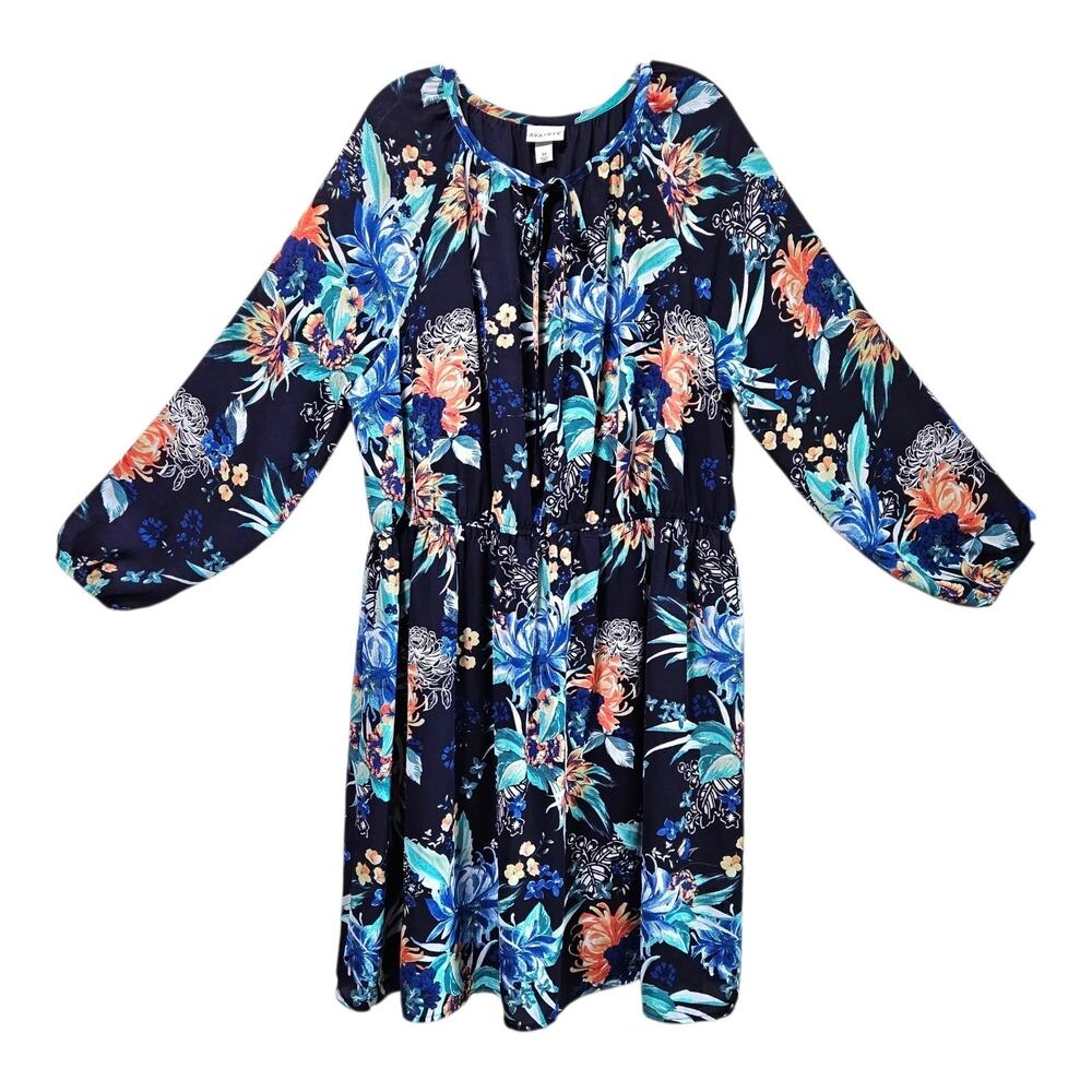 AVA & VIV Women's Plus 2X Midi Dress Navy Multicolor Floral Balloon Sleeve